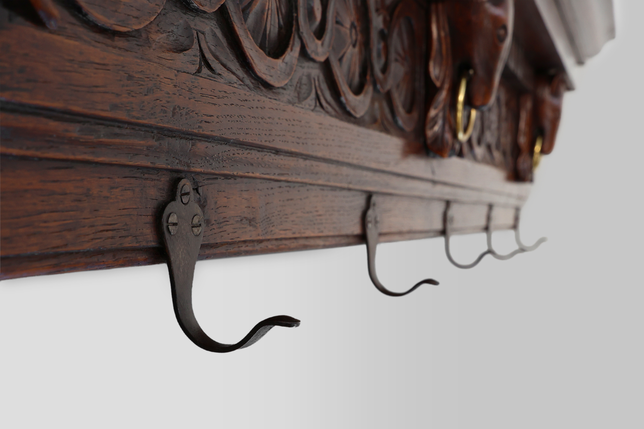 Large 18th Century Gothic solid oak hand carved coat rack, France thumbnail